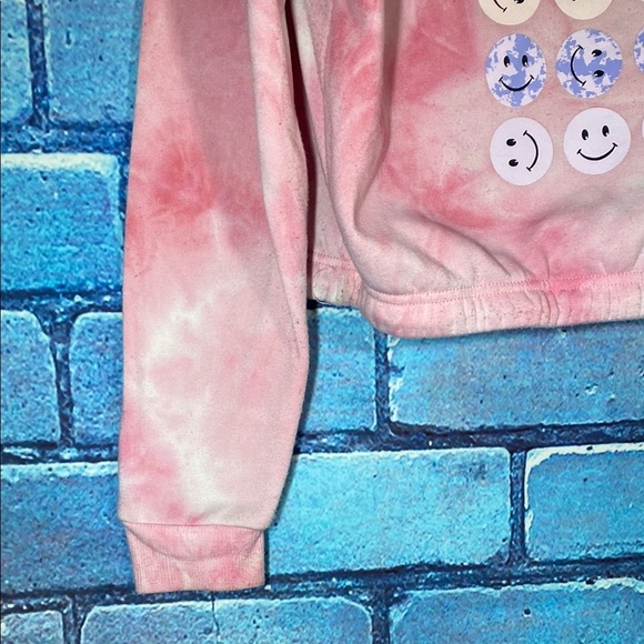 Faded Rose Pink Tie-Dye Large Hoodie with Good Vibes Print Smiley Face Cropped - Picture 6 of 9
